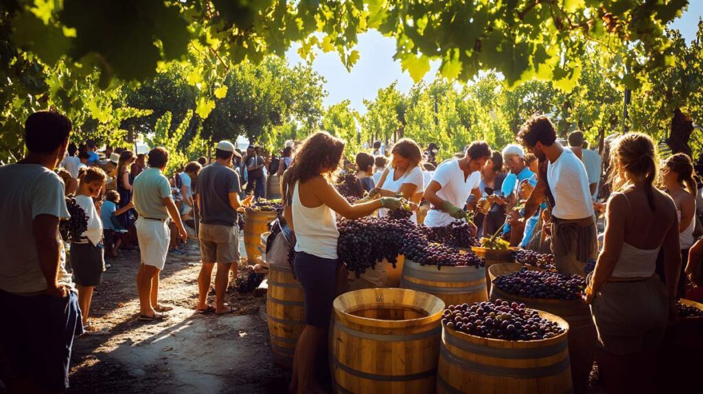People harvesting grapes and placing them into barrels during a vineyard festival.