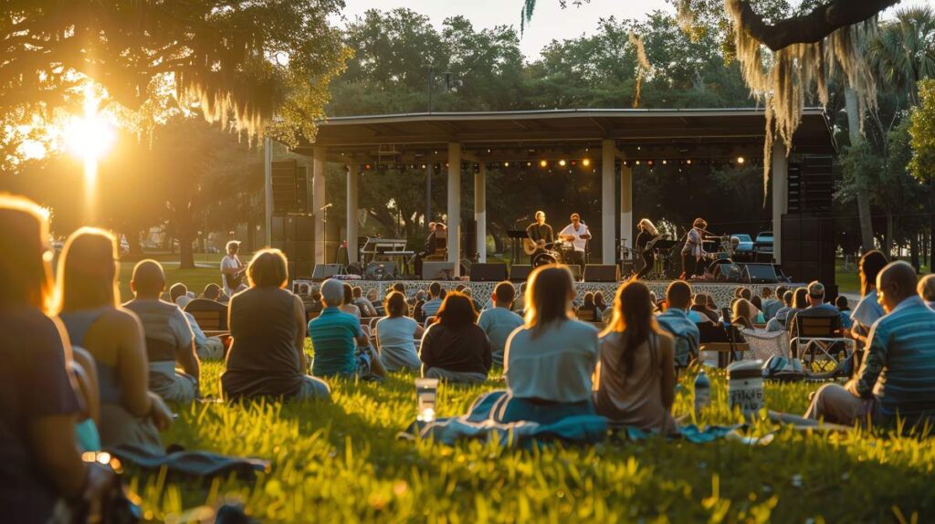 People relaxing in a vineyard at sunset watching musicians perform on stage at sunset. 