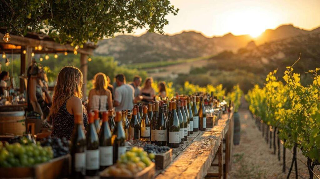 Outdoor wine tasting event at sunset with multiple wine bottles and guests under sting of lights.